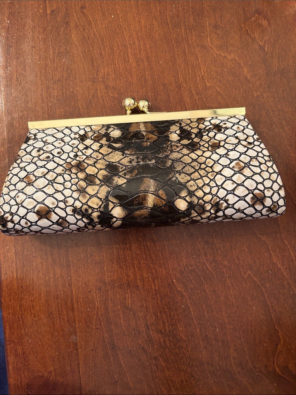Vintage Snake-Print Clutch in Black, White and Brown with Gold Frame